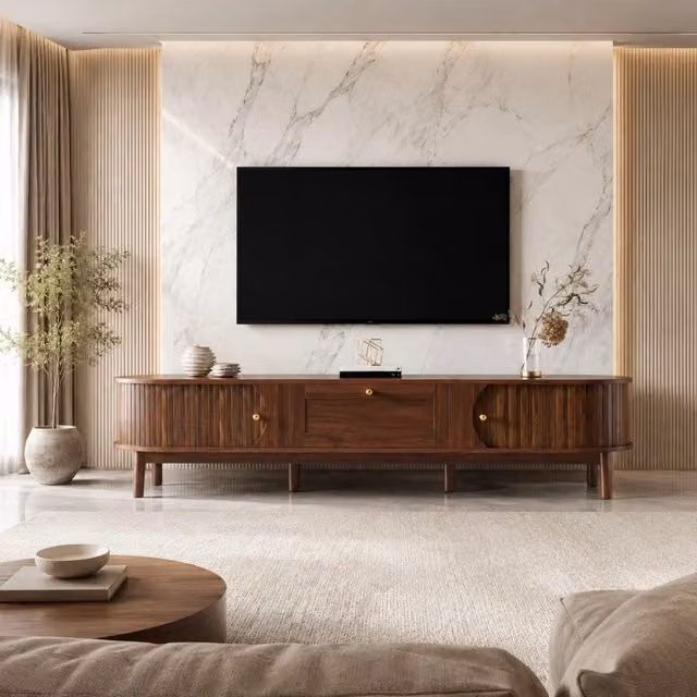 Mobile TV moderno in MDF colore noce con cassetti e ante scorrevoli, 170x39,5x38 cm