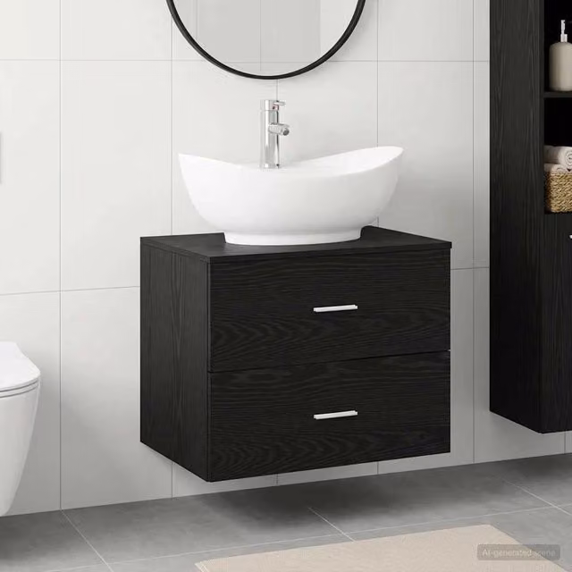 Set di mobili da bagno moderni vidaXL in MDF nero opaco, sospesi a parete con cassetti interni