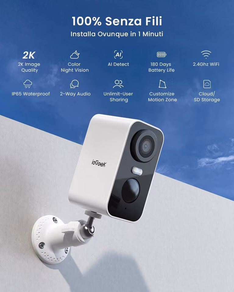 Telecamere di sicurezza wireless, confezione da 2 - Risoluzione 2K QHD - Angolo di visione di 130 gradi - Visione notturna a colori - Alimentazione a batteria - Adatte per interni ed esterni