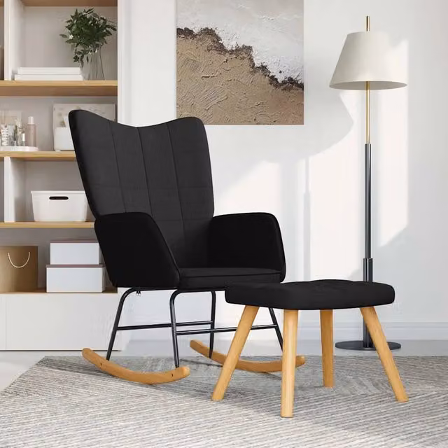 Poltrona a dondolo relax con poggiapiedi incluso in tessuto nero DESIGN IN – 1