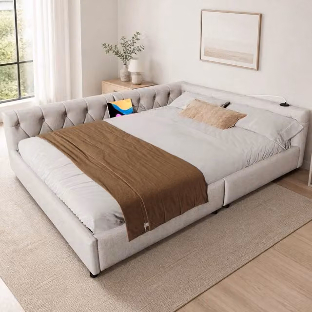Divano letto 140 × 200 cm con rete a doghe senza materasso in lino beige con LED a 7 colori USB e Type-C