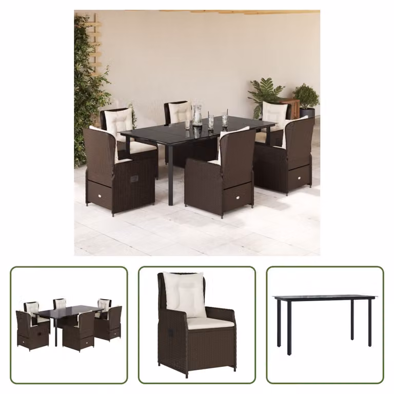 The Living Store Set da pranzo da giardino 7 pezzi con cuscini in polirattan marrone
