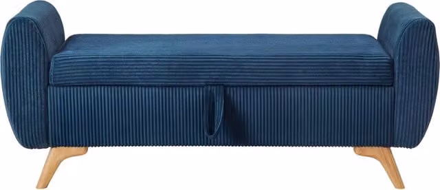 Panca contenitore pieghevole con vano portaoggetti e gambe in legno per camera e ingresso, in velluto a coste blu