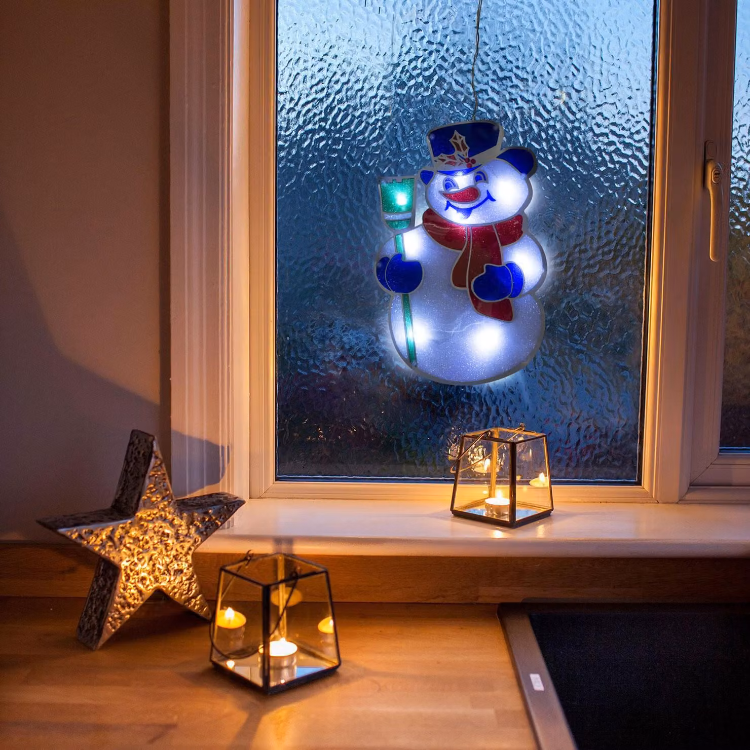 Decorazione per finestre in PVC con luci LED - pupazzo di neve - 26 x 17 cm