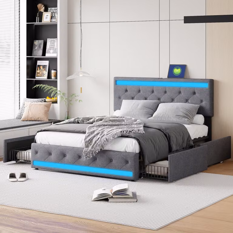 Letto imbottito ProximaX 140x200cm, letto matrimoniale in tessuto di lino grigio scuro, testata con striscia LED + connessione USB lunga + striscia LED all'estremità dei piedi, 4 cassetti di ferro