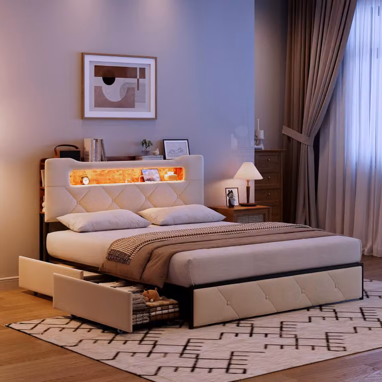 Letto imbottito UnboxG 140x190 cm, beige, con 4 cassetti, tessuto vellutato, letto contenitore con LED e funzione di ricarica