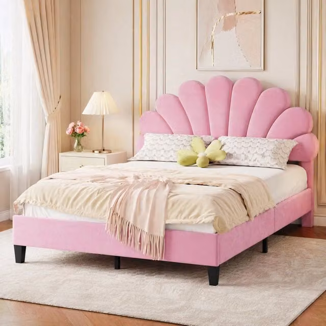 Letto imbottito 140 x 200 cm con testiera floreale in velluto rosa