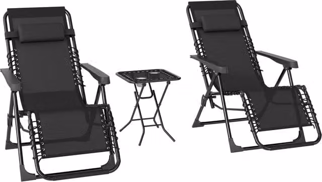 Set 2 Sedie Sdraio Gravita Zero Pieghevoli e Reclinabili in Textilene con Tavolino e Poggiatesta, Portata 120 kg, per Giardino, Nero