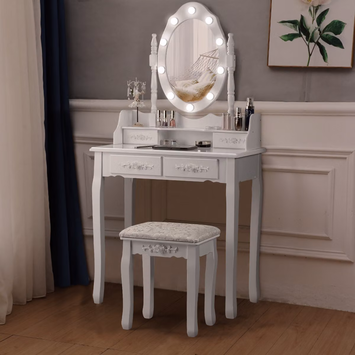 Set toeletta Costway con specchio ovale e 10 lampadine LED, scrivania da trucco classica con 4 cassetti, Bianco – 2