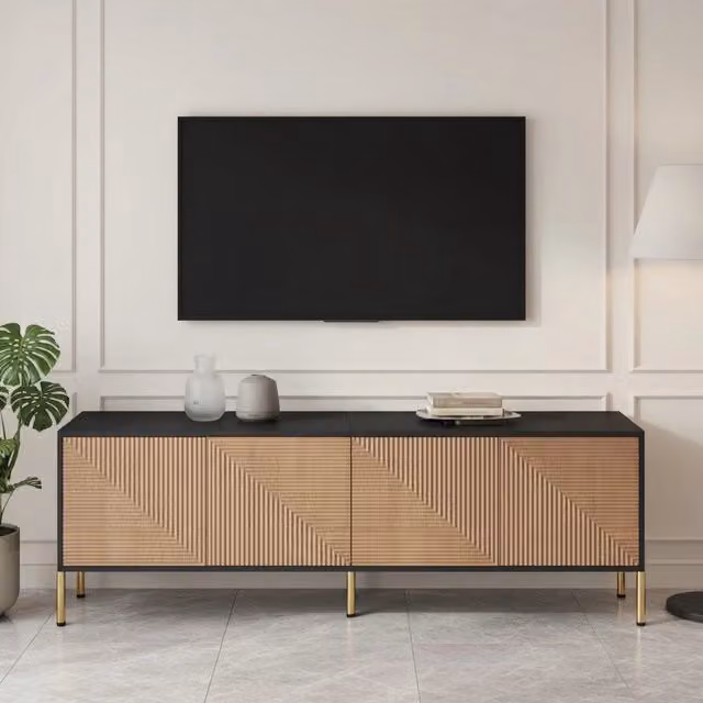 Cassettiera per TV KOMHTOM in stile minimalista con finitura opaca, colore nero e oro, L: 179 cm, P: 35 cm, H: 53,5 cm