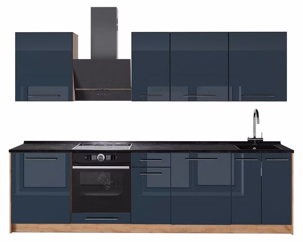 Cucina componibile Vicco Fame-Line Blu scuro lucido/Rovere dorato 280 cm senza piano di lavoro, Model 65742