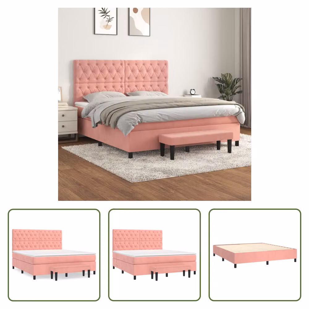 The Living Store Letto a molle con materasso rosa 160x200 cm in velluto