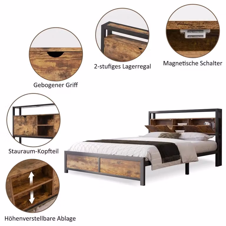 Struttura per letto matrimoniale - Letto matrimoniale - 140 x 200 cm - Metallo e legno - Testiera con spazio contenitivo - Retino a listelli - Colori naturali