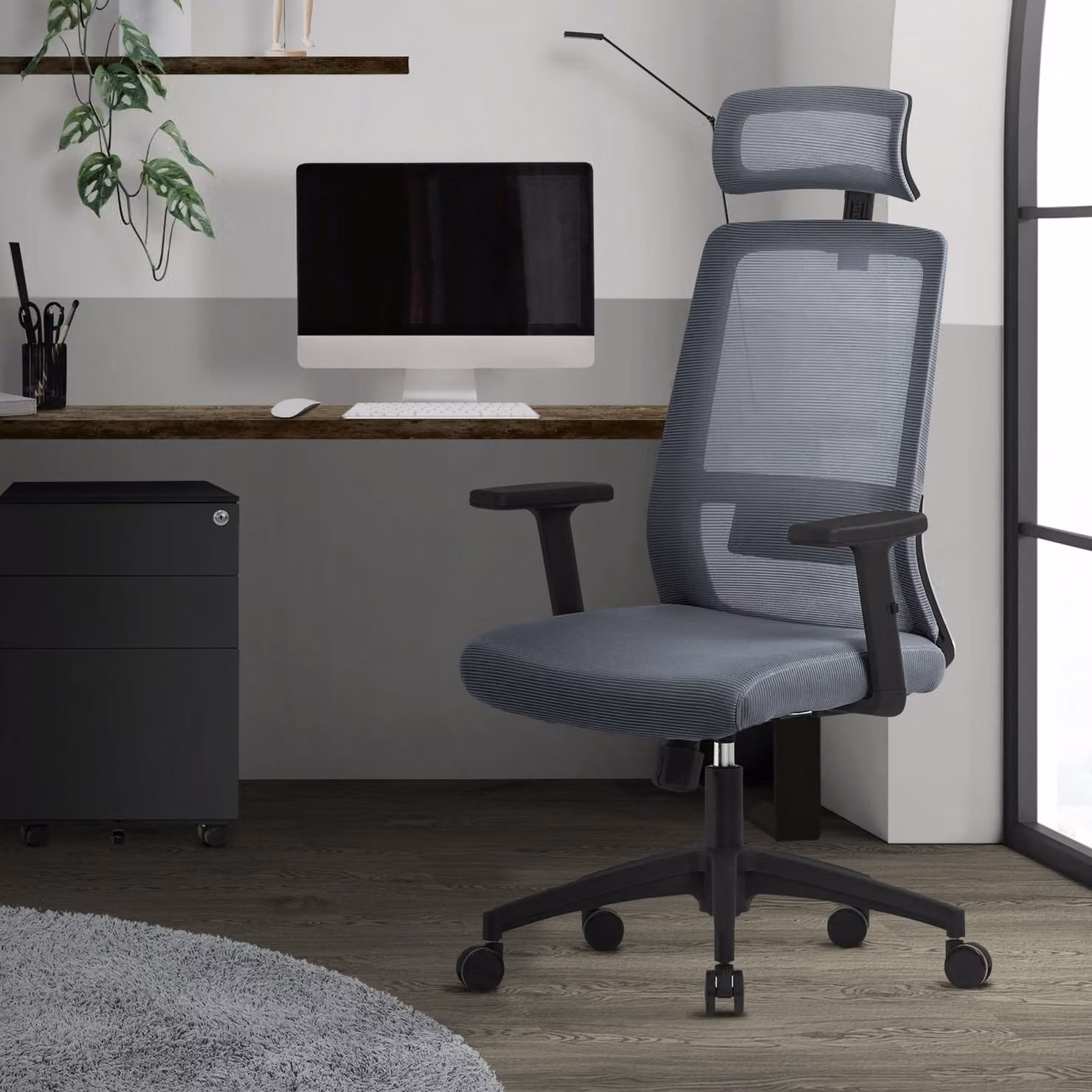 Sedia da ufficio ergonomica ML-Design, grigia, in rete, con poggiatesta regolabile