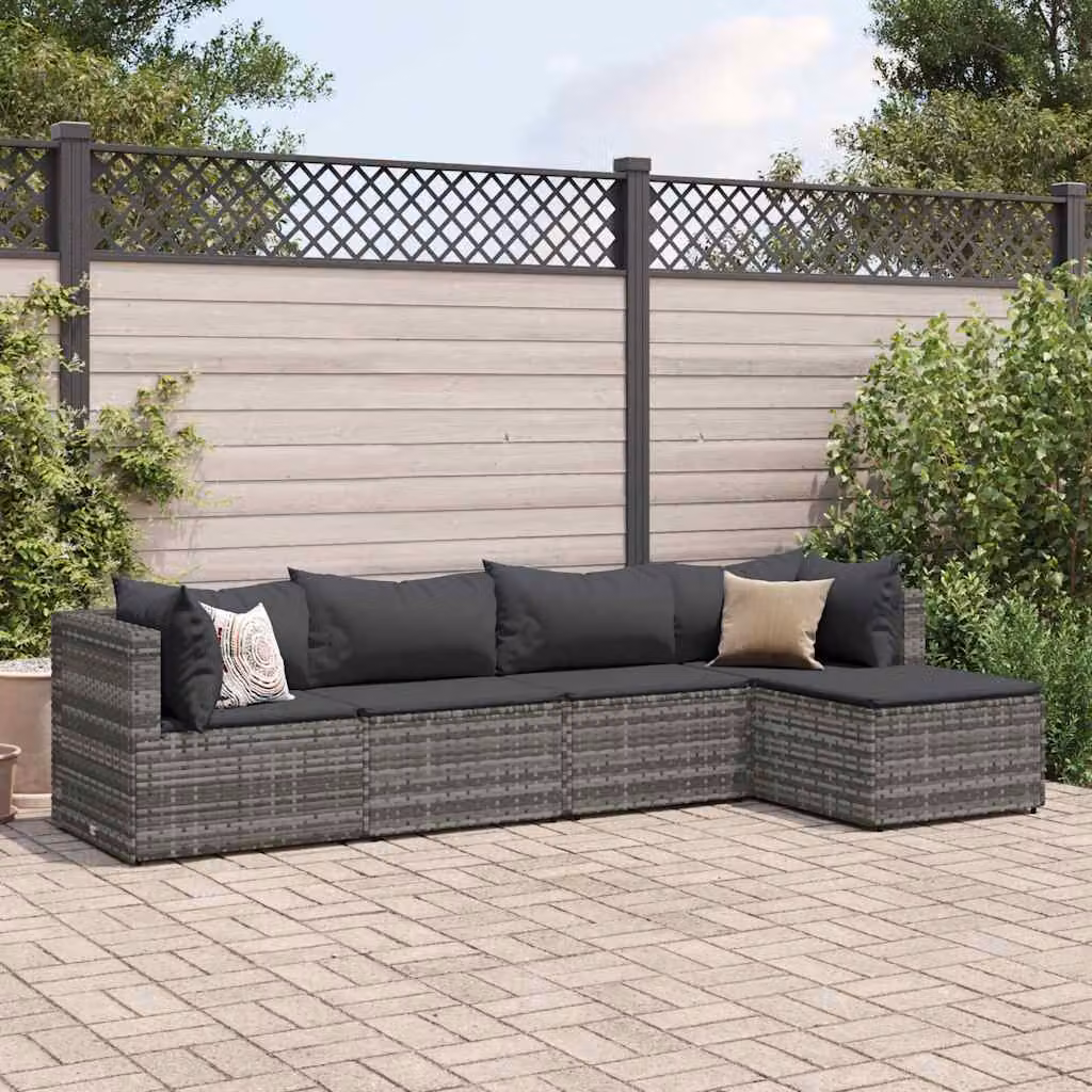 Set Divani da Giardino vidaXL 5 Pezzi a Forma di L con Cuscini, Polyrattan e Metallo, Grigio Antracite