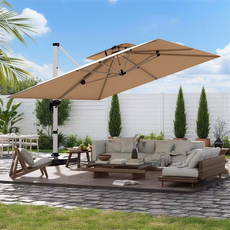Ombrellone rettangolare, dimensioni 300x300 cm, colore beige, struttura in alluminio, rotazione a 360°