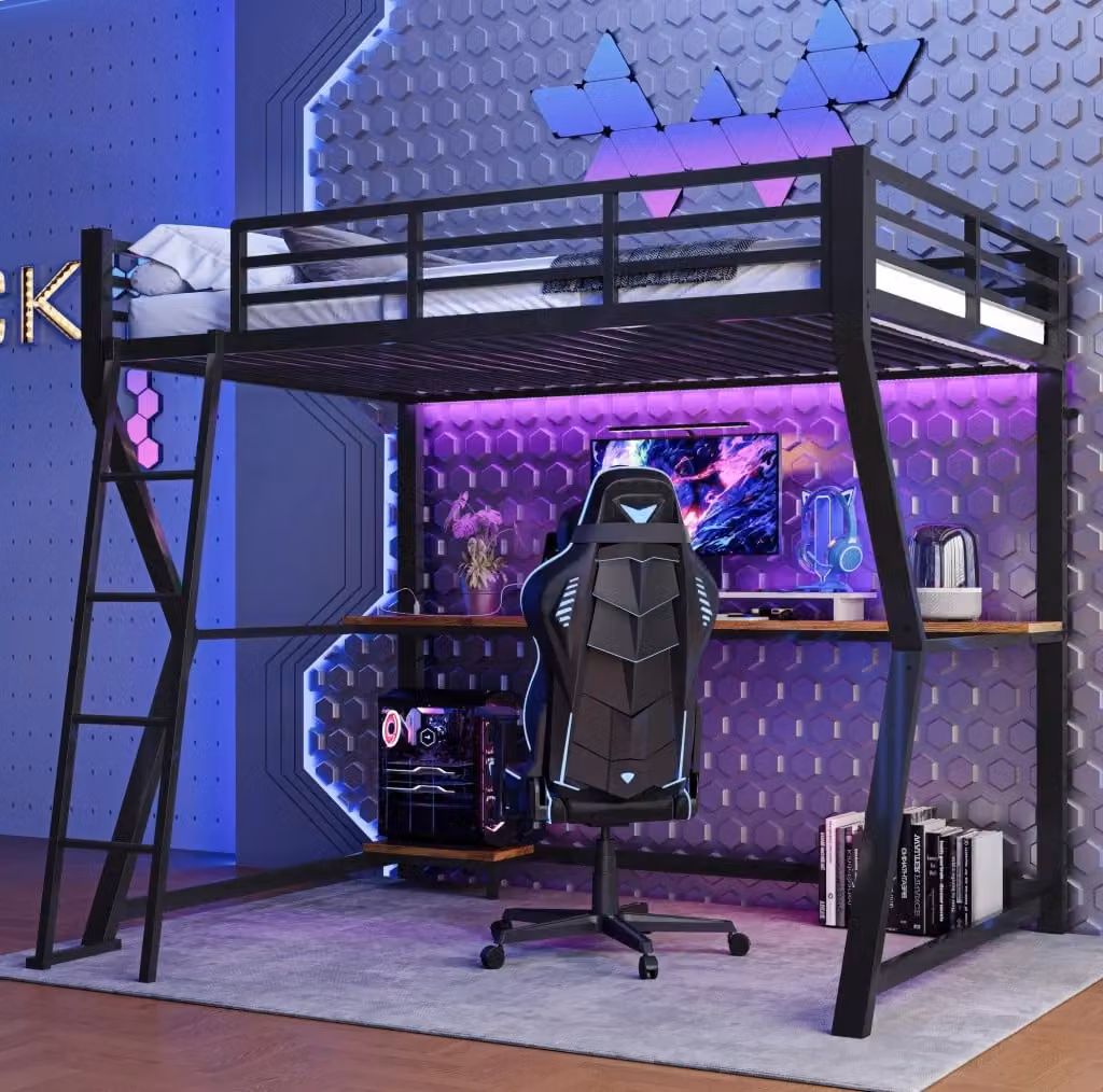 Letto a soppalco singolo moderno nero con scrivania, illuminazione LED e porta USB, dimensioni 90 x 200 cm – 2