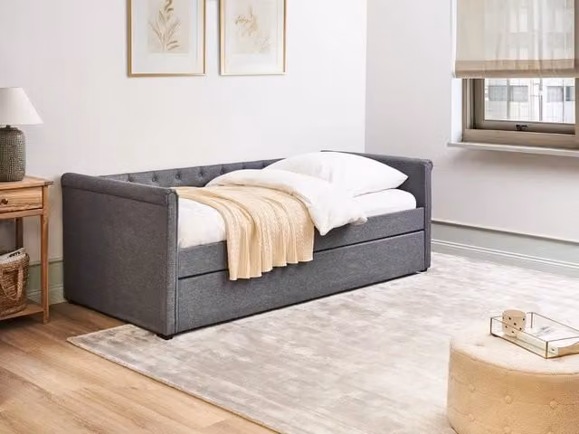 Divano letto estraibile Beliani in tessuto grigio con struttura in legno e cassetti, misura singola 90 x 200 cm – 1