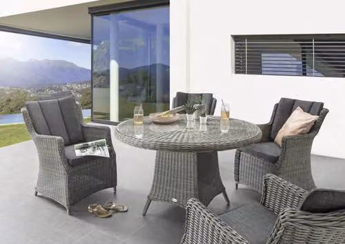 Gruppo di sedute Destiny LUNA 4 poltrone + tavolo Ø120x75cm, polyrattan, grigio vintage
