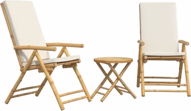 Set da Bistrot Pieghevole 3 pz | Set Salotto da Giardino Cuscini Bianco Crema in Bamb¨´