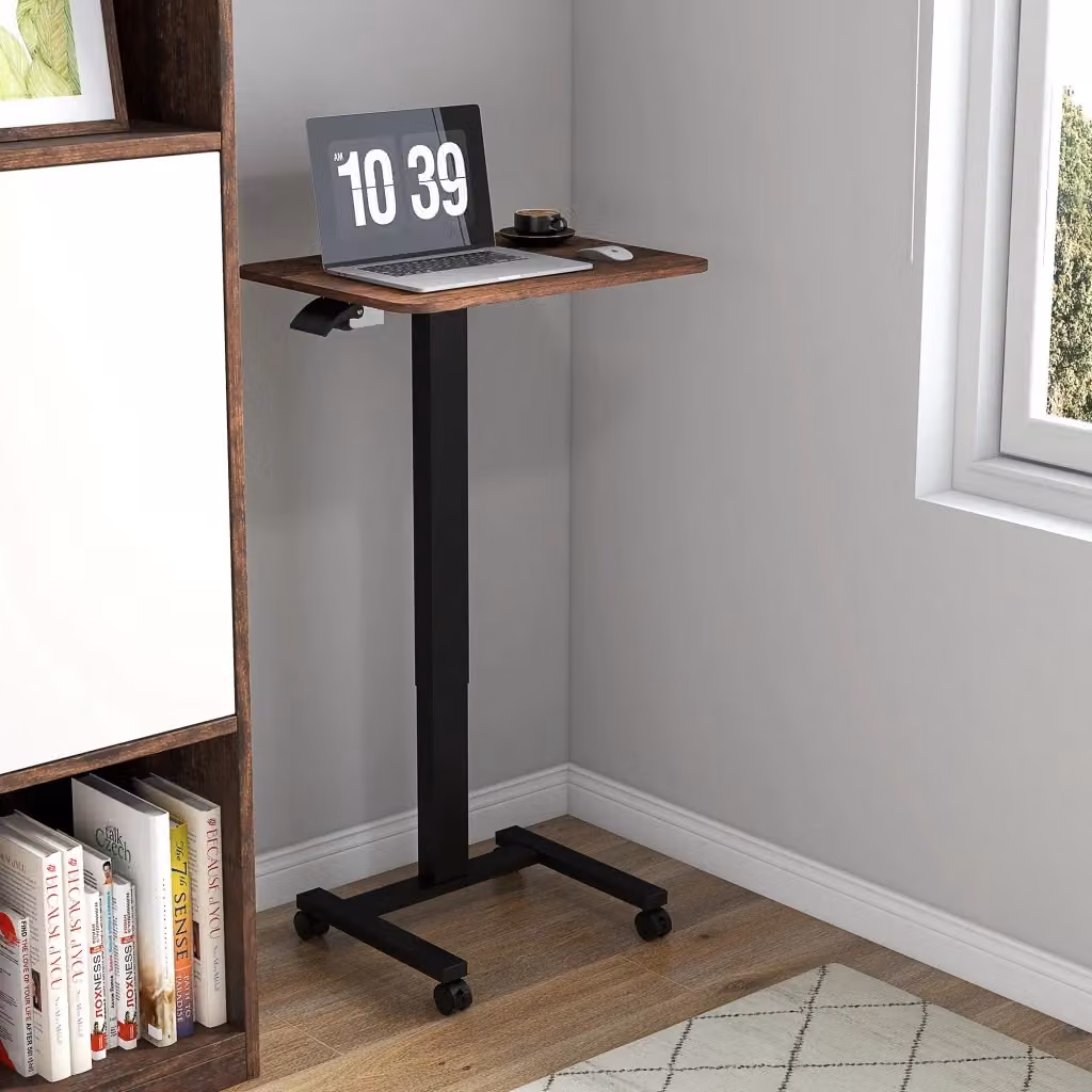 Scrivania da ufficio regolabile in altezza MIVRAY marrone con ruote e struttura in metallo L: 65 cm, P: 48 cm, H: 68-108 cm – 2