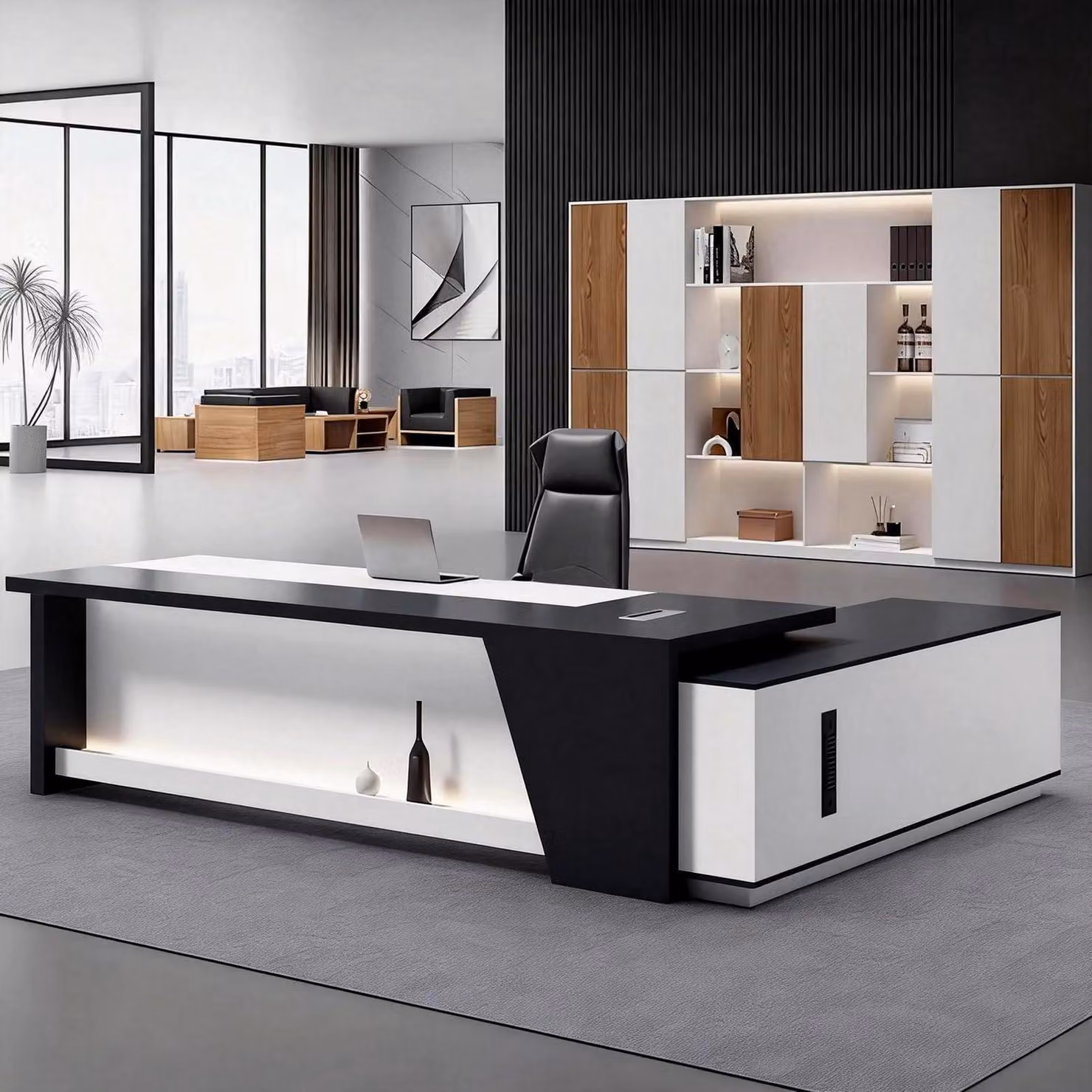 Scrivania a forma di L con spazio contenitivo, dimensioni 180x80x75 cm, colore nero e bianco