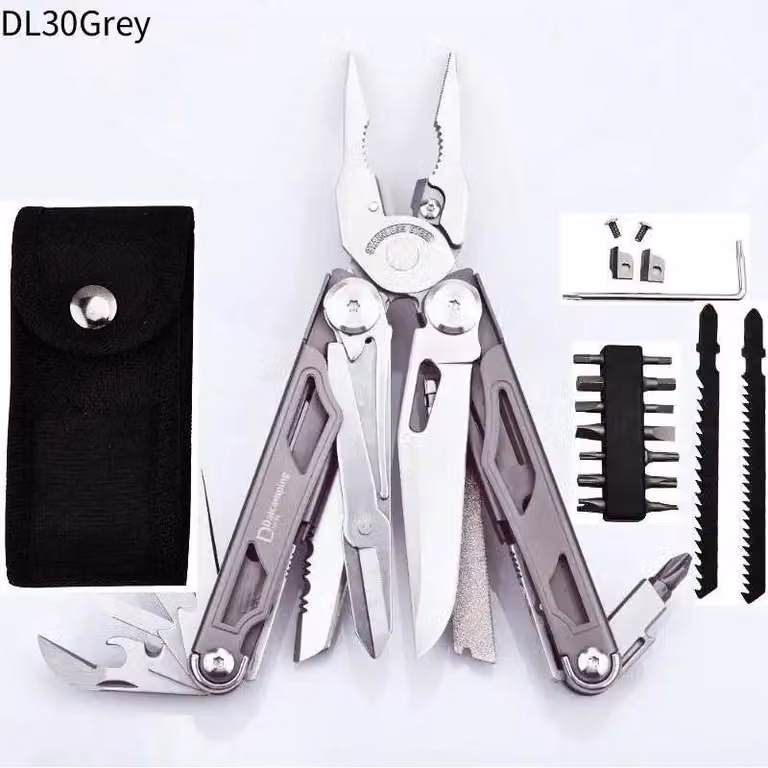 Multifunzione con pinza - DL30 - Pieghevole - Acciaio inossidabile - Set di chiavi a bussola - Set di utensili in custodia - Grigio