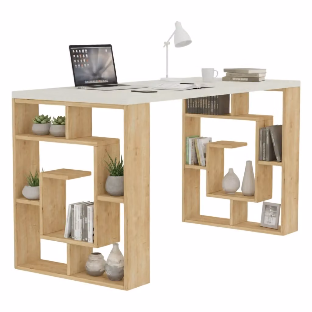 Scrivania Archidamia DMORA moderna in legno con struttura marrone e piano bianco L/P/H: 140 x 60 x 75 cm – 2