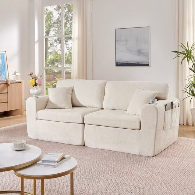 Divano relax 2 posti in ciniglia beige con ricarica USB; tasche laterali e portabevande