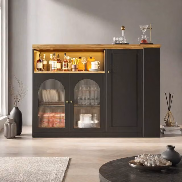 REDOM Bartisch Girevole 360° con LED in MDF Nero Effetto Legno L: 108 cm, P: 39,6 cm, H: 97 cm