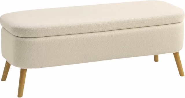 Panca contenitore Xylo con seduta imbottita in tessuto teddy beige e legno, L: 120 cm, P: 42 cm, H: 45 cm