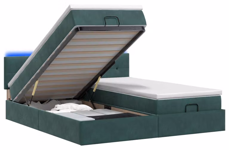 Panca-letto con materasso e illuminazione LED, verde scuro, 160 x 200 cm, rivestita in velluto