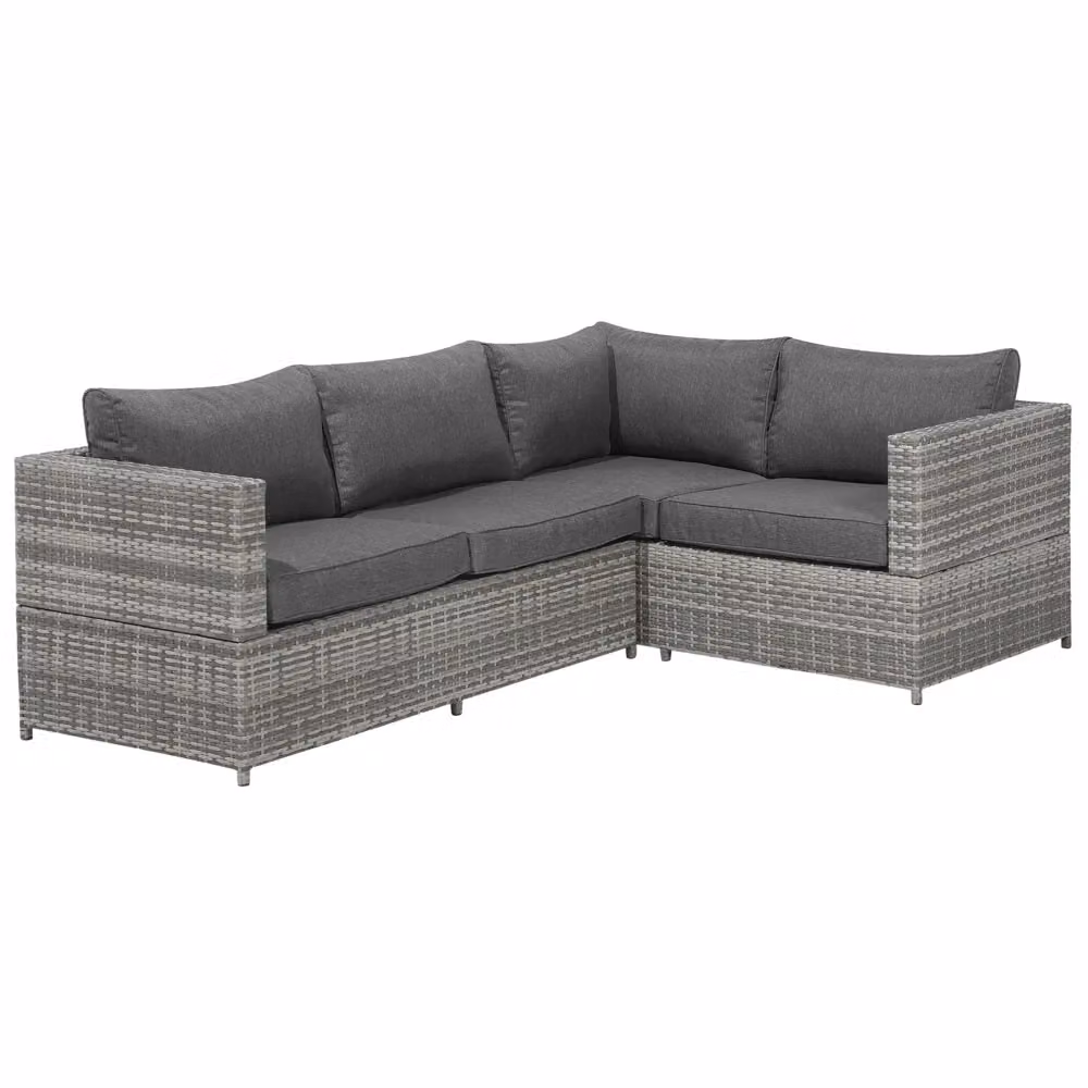 Set da giardino Beliani con divano ad angolo a L in polyrattan grigio, cuscini imbottiti e tavolo da caffè con piano in vetro – 2