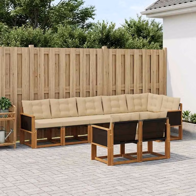 Set di divani da esterno vidaXL 8 pz in legno di acacia e tessuto beige con cuscini inclusi