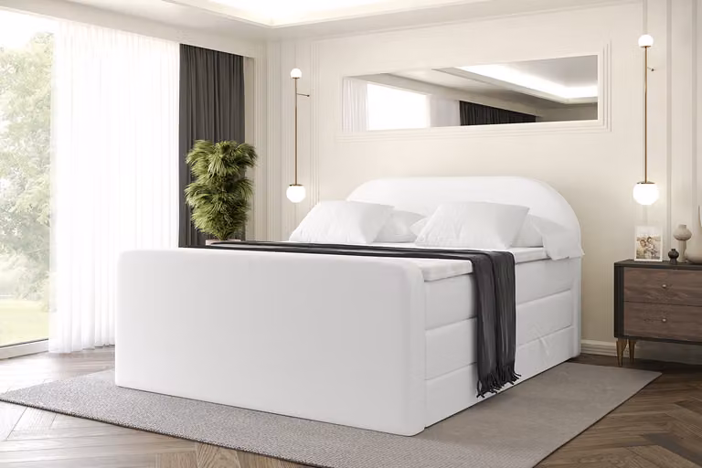 Letto boxspring ALTDECOR con materasso e rete a doghe, topper, letto imbottito con contenitore, letto con vano portaoggetti, materassi H3 e H4, letto matrimoniale, letto boxspring -NOX-Z KING-180x200 - Ecopelle bianca