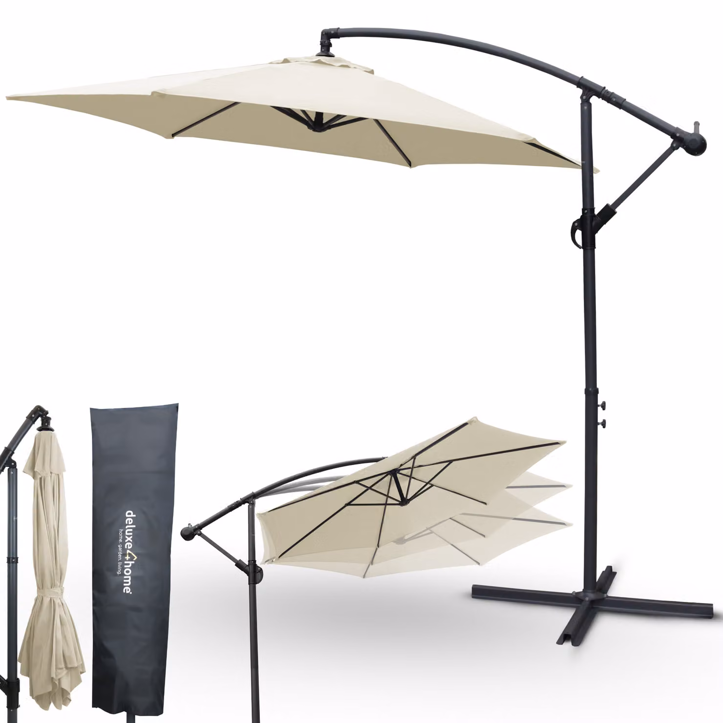 deluxe4home® Ombrellone Ø270 cm crema I Ombrellone a sbalzo con supporto e copertura protettiva I Ombrellone da giardino a manovella I Parasole