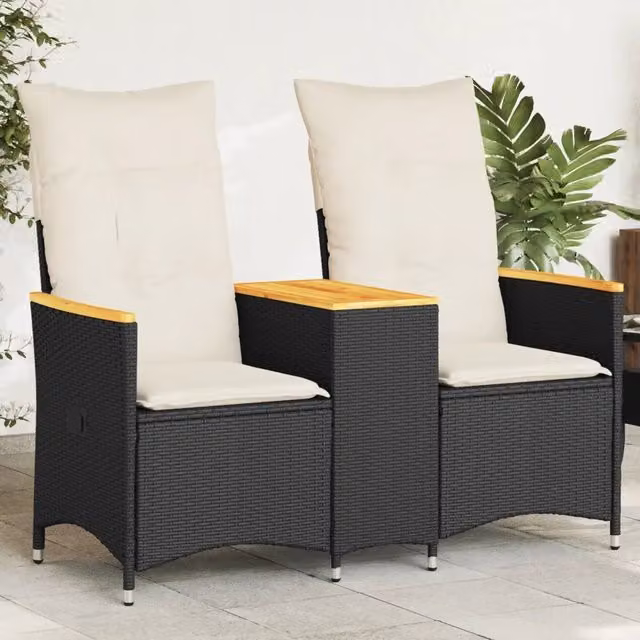 Divano da giardino reclinabile vidaXL in polyrattan nero con cuscini bianchi e poggiatesta regolabile