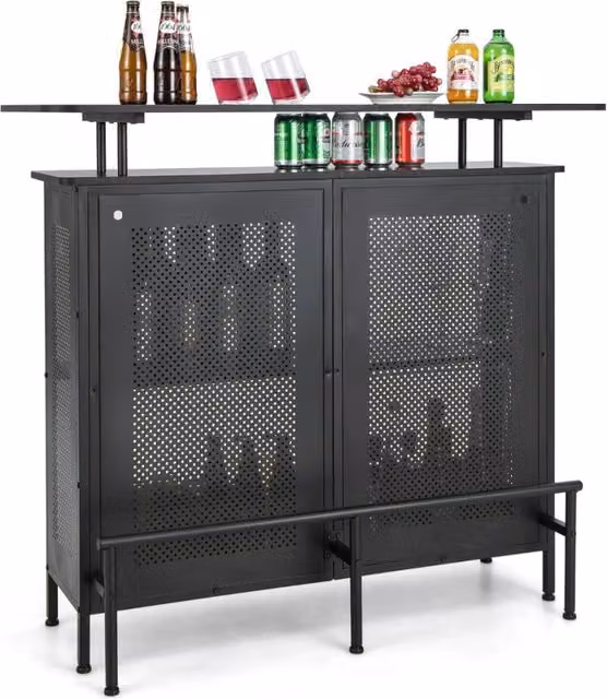 Mobile bar a 4 livelli con 2 ripiani per vino e porta calici poggiapiedi in metallo-Tavolo da bar industriale Nero