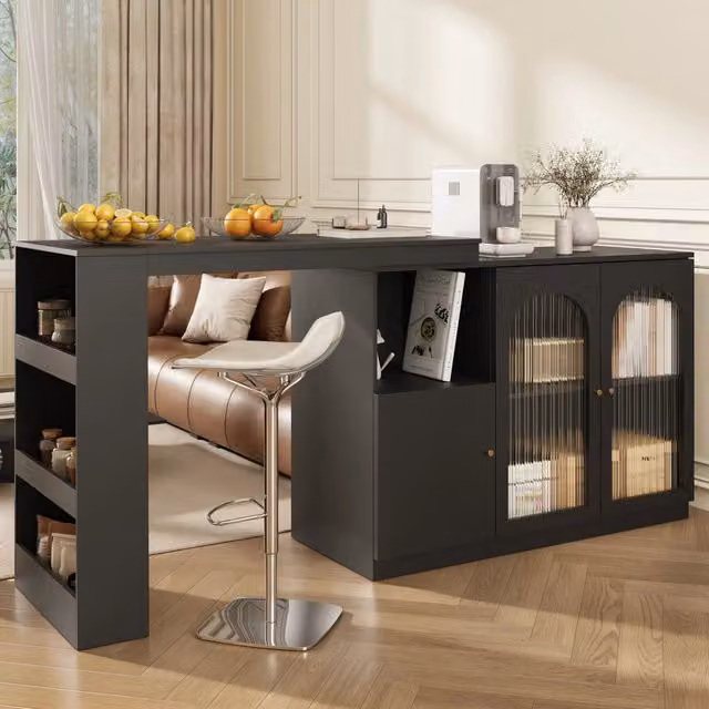 Tavolo Bar Rotante 360¡ã con Armadietto e Vetro ¨C Xylo ¨C Nero, 120x40x97 cm