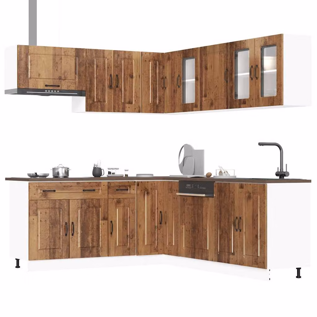 Set Mobili da Cucina vidaXL Kalmar 11 Pezzi in Legno Vecchio Marrone con Dettagli in Vetro e MDF