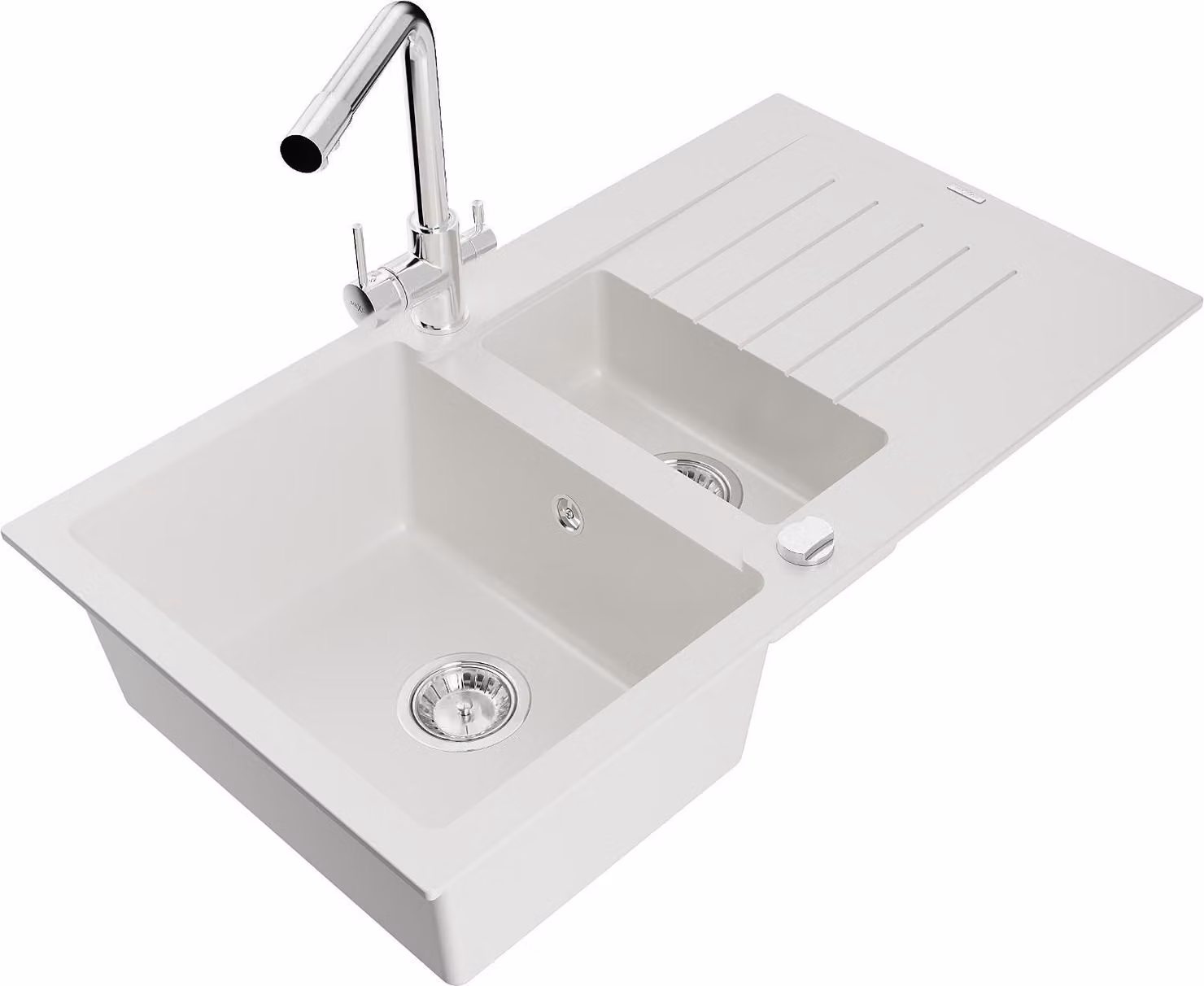 Mexen Matias lavello in granito 1,5 vasche con sgocciolatoio e miscelatore cucina Duero, bianco - 6502-20-671600-00