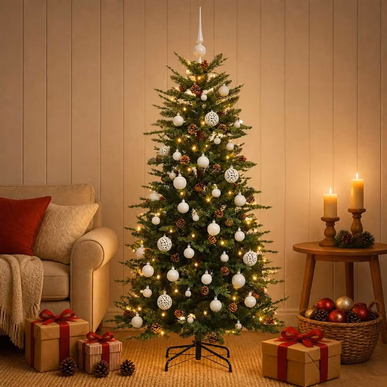 Albero di Natale artificiale con decorazioni natalizie, altezza 150 cm, 150 luci LED