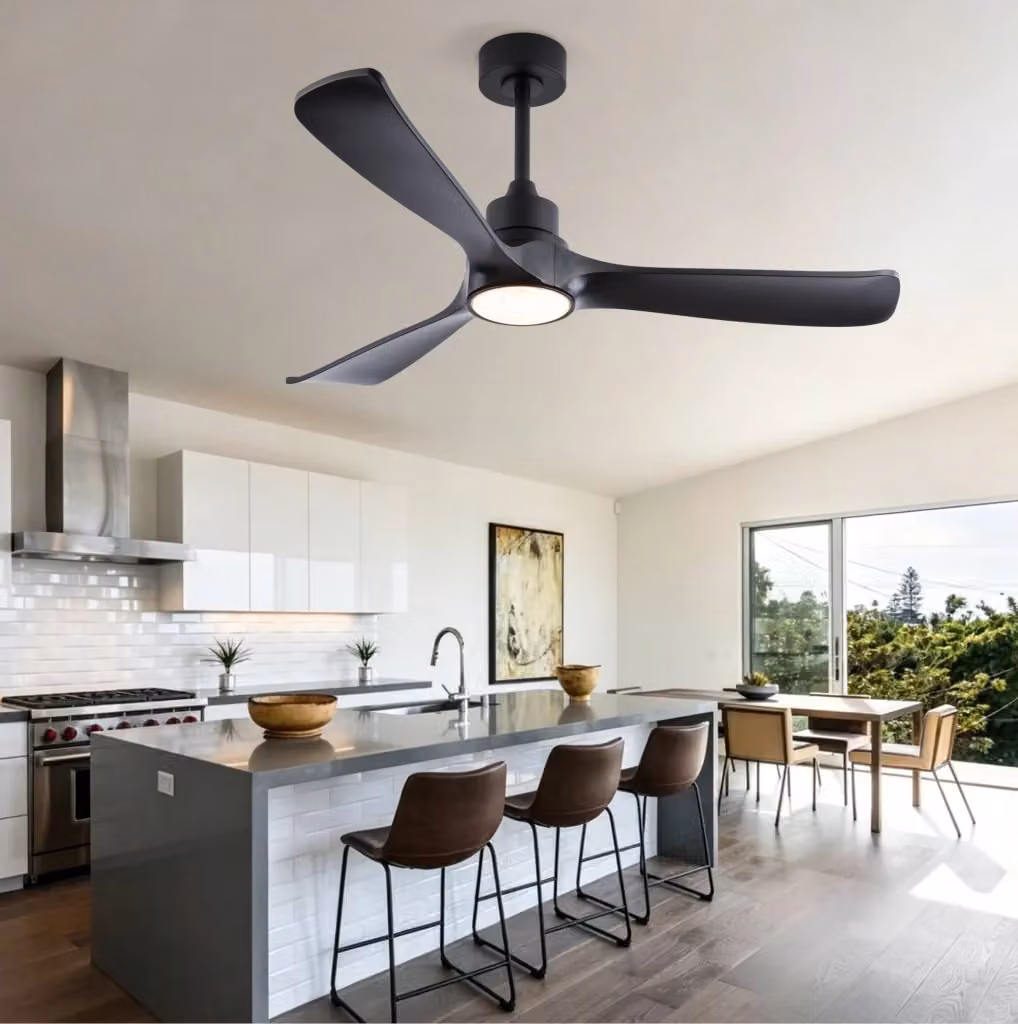 Ventilatore da soffitto MODFU nero con luce, telecomando e timer, motore DC reversibile, diametro 132 cm – 2