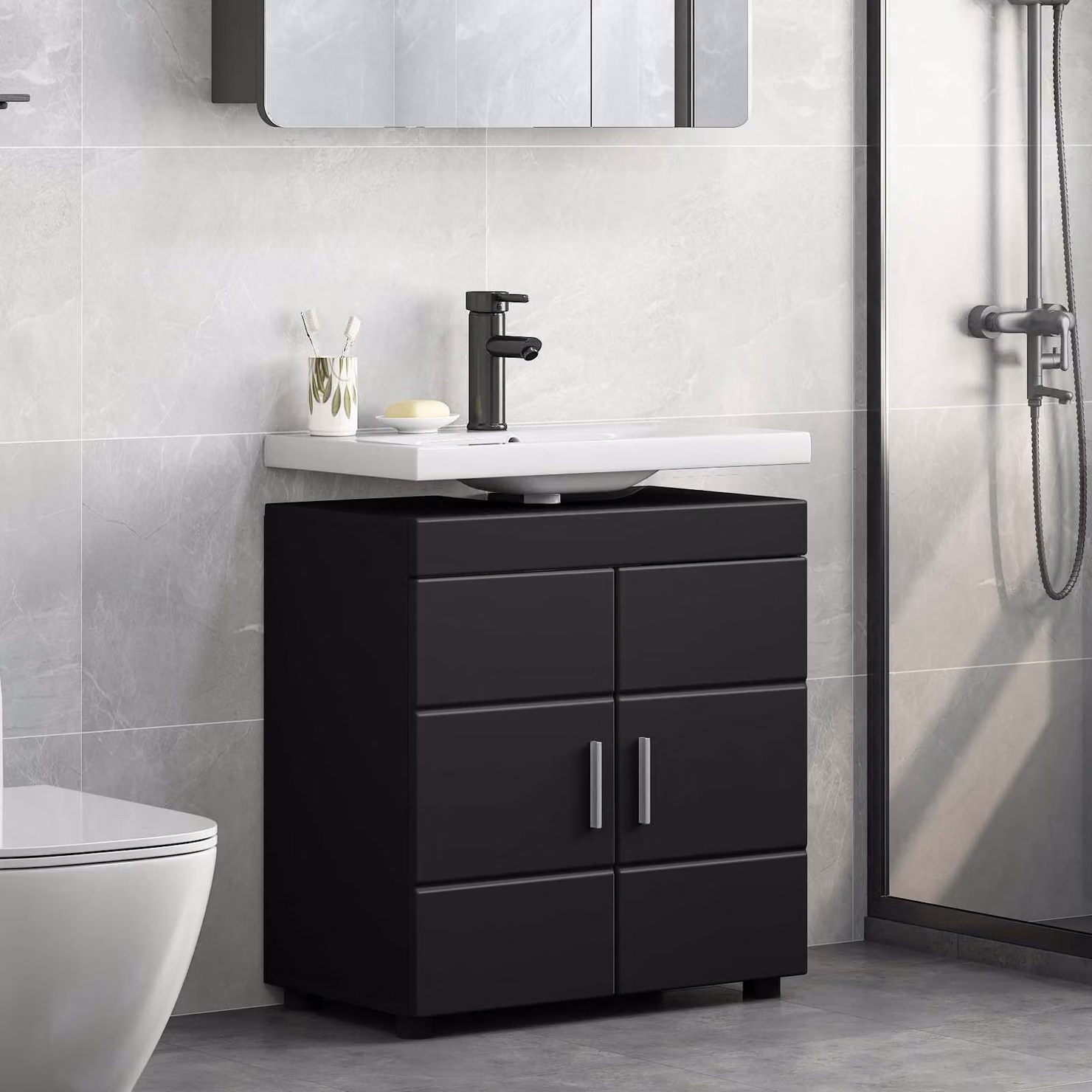 Set di armadi da bagno vidaXL TULUM moderni in legno MDF nero L: 60 cm, P: 34 cm, H: 63 cm