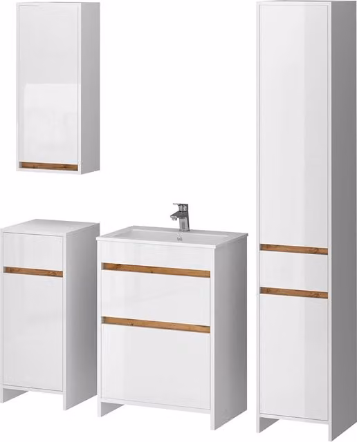 Set mobili bagno Vicco Detmold composto da 5 pezzi in bianco lucido e rovere dorato