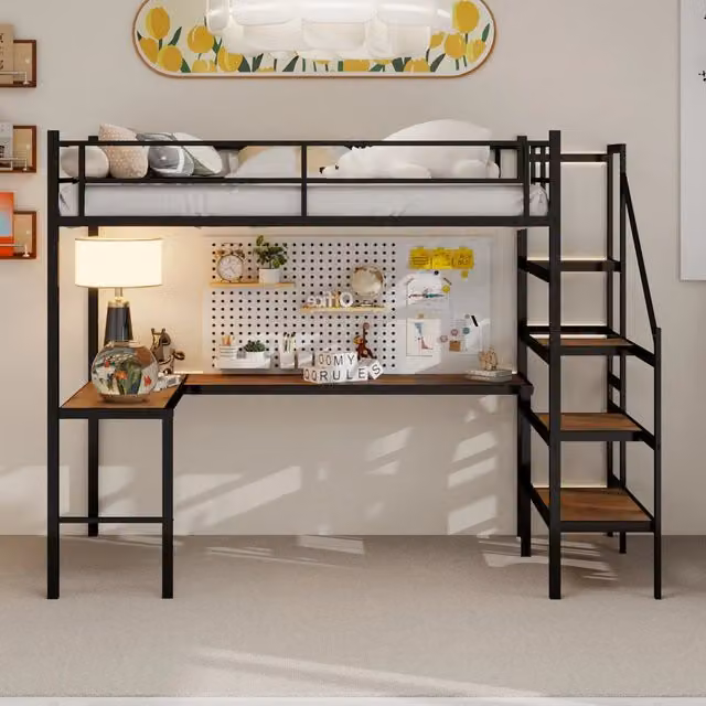 Letto a castello nero con scrivania a L funzione di stoccaggio ferro 90x190 cm