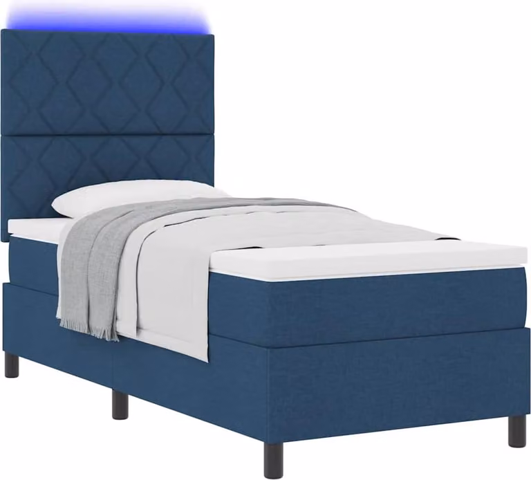 Letto boxspring con strisce luminose a LED blu, 90 x 200 cm, rivestimento in tessuto
