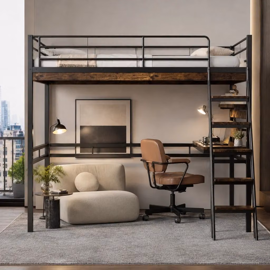 Letto a soppalco MIVRAY nero con scrivania e ripiani in metallo e MDF, L/P/H: 90 x 200 x 204 cm – 2