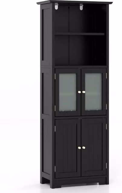 Armadio moderno nero con ante in vetro e scomparti aperti, organizzatore da pavimento con ripiani interni, L: 163 cm