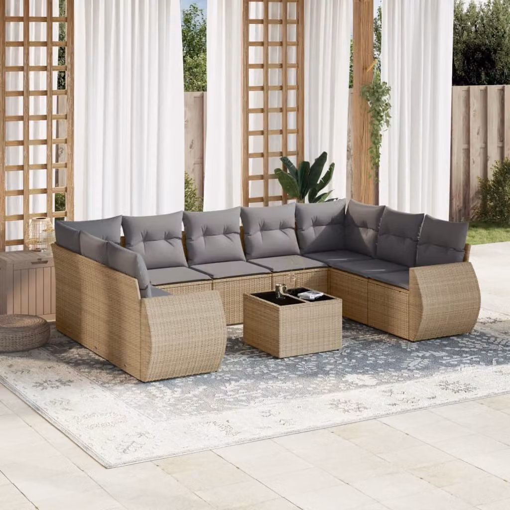 vidaXL Set Divano da Giardino 10 pz a Forma a L in Polyrattan con Cuscini Beige e Grigio e Tavolino – 1